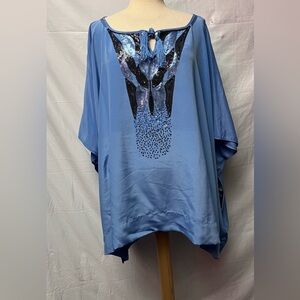 DG2 by Diane Gilman Blue Embellished Flowing Tunic with Keyhole Tie
